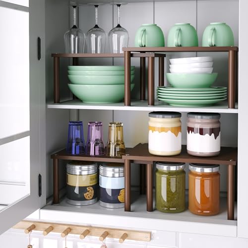 VERTORGAN Cabinet Organizer Shelf(Set of 2),Kitchen Counter Shelves,Bamboo Spice Rack Countertop and Cabinet,Stackable Expandable,Medium(Brown) - color: Brown, size: 11.8"W