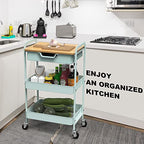 3 Tier Rolling Cart, Utility Cart with Drawer and Table Top, Metal Rolling Kitchen Storage Organizer Cart with Handle and Locking Wheels for Bathroom Office Balcony Living Room - color: Light Green