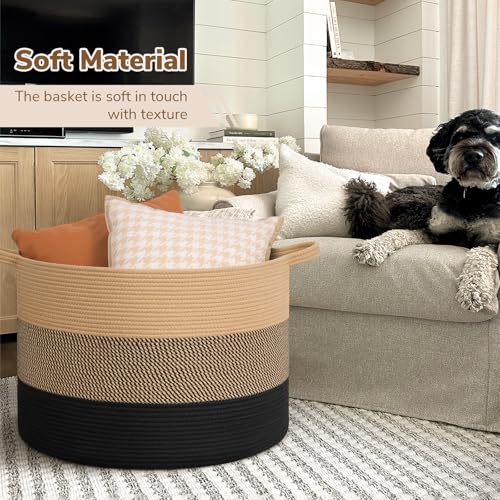 INDRESSME 115L Extra Large Blanket Basket for Apartment Décor, Woven Baby Laundry Hamper Shoe Basekts for Entryway, Wicker Storage Basket for Organizing, Camel Mix & Black - color: Camel Mix & Black, size: 23.6"D x 15.7"H