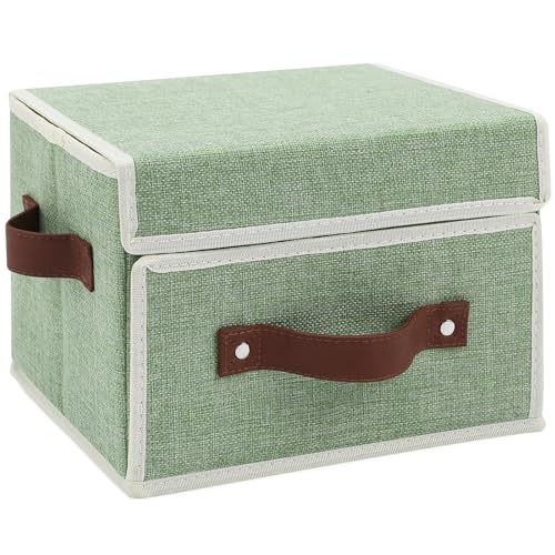 Storage Bins Box with Lids Front Opening Window Decorative Cotton Linen Fabric Basket PU Leather Handles Washable PP Board Foldable Shelf Closet Organizer Container (Light Green, Small) - color: Light Green, size: Small ( Pack of 1 )
