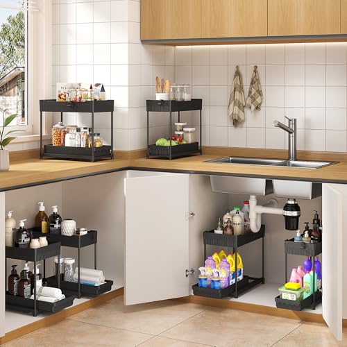 Sevenblue 4 Pack Under Sink Organizer, Bathroom Organizers and Storage, 2 Tier Multi-Use Pull Out Cabinet Organizer with Hang Hooks and Cups (Black, 4 Pack) - color: Black, size: 12.8 Inch