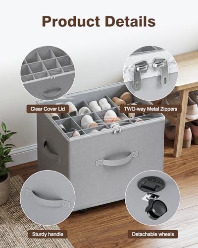 Shoe Organizer for Closet,House Again 2 Pack Shoe Storage Organizer with Wheels, Foldable Shoe Storage Box with Adjustable Dividers and Clear Cover, Reinforced Handles, Fits up to 12-24 Pairs, Gray - color: Light gray-2 Pack, size: Large( 17"L x 12.5"W x
