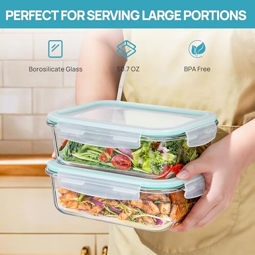 Vtopmart 2Pack 1500ml/50.7oz Large Glass Storage Containers with Lids, Meal Prep Food Container Set with Snap Airtight Lid for Baking, Microwave, Oven, Leak Proof, for Freezer, Dishwasher, Green - color: Green, size: 50.7oz