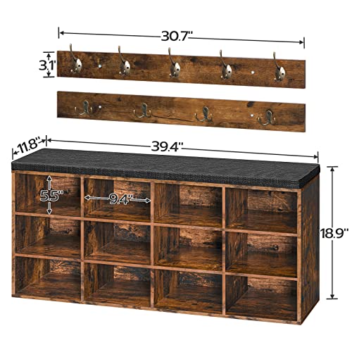 HOOBRO Shoe Storage Bench with Cushion, 39.4" L Entryway Bench with 12 Cubbies, Entryway Hall Tree with Storage, Shoe Cabinet with Coat Rack for Bedroom, Hallway, Holds up to 330 lb, BF112HX01G1 - color: Rustic Brown + Black