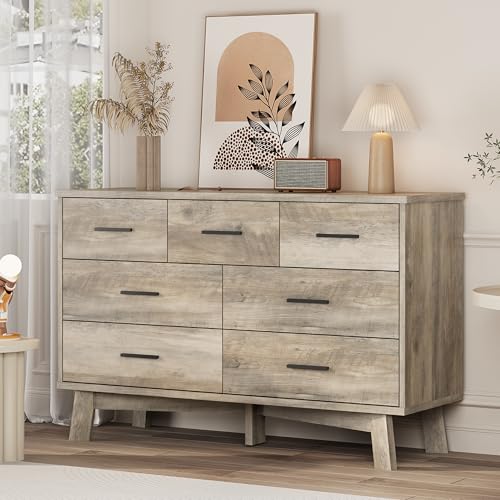 Xixini Dresser for Bedroom with 7 Drawer, Wood Modern Chest of Drawers with X-Shaped Sturdy Base, Wide Double Dresser Closet Clothes Storage Organizer, Wooden TV Stand for Living Room, Hallway, Grey - color: Grey, size: 15.6"D x 47.2"W x 29.5"H (7 Drawers