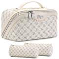 BOYATU Travel Makeup Bag Cosmetic Bags for Women: 3 Pcs Set Large Capacity Make up Bag with Handle - Vegan Leather Toiletry Bags with Compartments - Makeup Organizer for Travel Essentials(A-8-White) - color: A-8-White