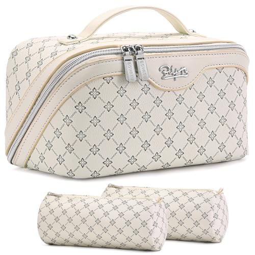 BOYATU Travel Makeup Bag Cosmetic Bags for Women: 3 Pcs Set Large Capacity Make up Bag with Handle - Vegan Leather Toiletry Bags with Compartments - Makeup Organizer for Travel Essentials(A-8-White) - color: A-8-White