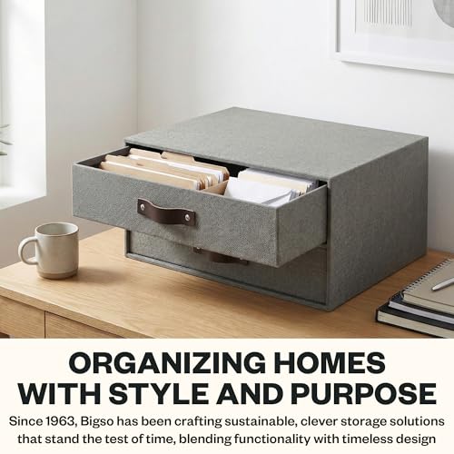 Bigso Birger 2-Drawer Canvas Fiberboard Easy Pull Handle Document Letter Box | Desktop Drawers for Loose Papers and Documents | Desktop Storage Drawers with Leather Handles | 13.1” x 10” x 5.7” | Grey - color: Grey