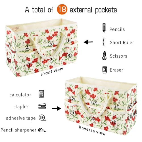 E-WEICHEN Craft Organizer Tote Bag Art Storage Caddy with Multiple Pockets Containers for Art,Craft,and Office Supplies Storage.Red Flower - color: Red Flower