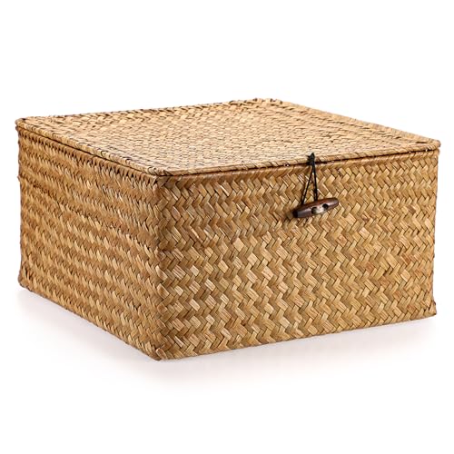 Hipiwe Handwoven Seagrass Basket Bin Square Household Storage Container with Lid Wicker Shelf Basket Bin for Bookshelf Living Room Bath Room, Large Caramel - color: Caramel, size: Large