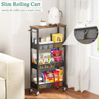 XYZLVSI Slim Storage Cart 4 Tier Narrow Kitchen Rolling Cart on Wheels for Small Space, Mobile Utility Cart Shelving Unit with Wooden Top and Metal Handle for Kitchen, Bathroom, Laundry Room - size: 16.7"Dx7.1"Wx34"H