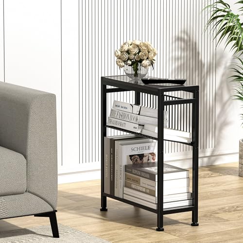 End Table for Small Space, 3-Tier Narrow Side Table with Magazine Holder,Slim Nightstand, Skinny Snack Couch Table in Living Room, Bedroom Study and Balcony (Grey) - color: Grey