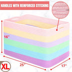 MINTWOOD Design 112L Extra Large Blanket Basket Holder Living Room, 25"x17"x16" Rectangle Rope Woven Storage Basket with Handles for Laundry, Towels, Shoes, Dog Toy Organizer Bin Box, Pastel Rainbow