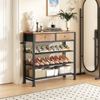 Kitstorack Shoe Rack, 4 Tier Shoe Organizer for 9-12 Pairs of Shoes, with 2 Drawers, 3 Fabric Shelves and Wooden Top, Shoe Rack for Closet Entryway, Rustic Brown