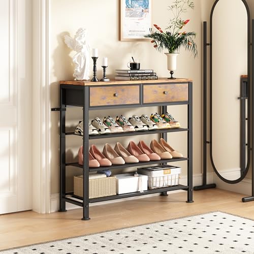 Kitstorack Shoe Rack, 4 Tier Shoe Organizer for 9-12 Pairs of Shoes, with 2 Drawers, 3 Fabric Shelves and Wooden Top, Shoe Rack for Closet Entryway, Rustic Brown