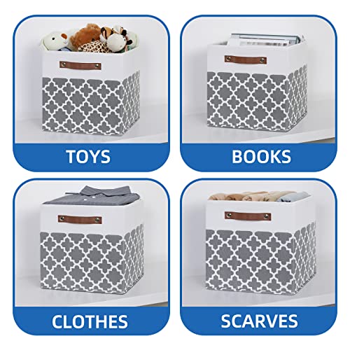 Temary 12x12x12 Fabric Storage Bins 4 Pack with Leather Handle, Foldable Cubes Storage Box Baskets for Closet, Shelf (White&Lattice) - color: Grey Lattice, size: 12×12×12