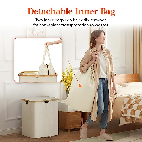 Lifewit 120L Double Laundry Hamper with Lid, Large Laundry Basket with Removable Bag & Bamboo Handles, Fodable Tall Dirty Clothes Hamper for Laundry Collapsible Bin for Bathroom Bedroom Dorm, Beige - color: Beige, size: 120L