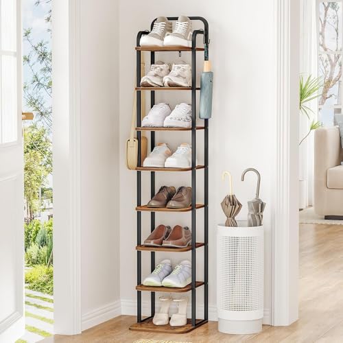 Hzuaneri 8 Tiers Vertical Shoe Rack, Narrow Shoe Tower, Tall Shoes Shelf with 2 Hooks, Adjustable Shelves, Corner Shoes Shelves for Small Spaces, Entryway, Living Room, Rustic Brown SR04301B - color: Rustic Brown and Black, size: 8 Tier(11.8"D x 10.4"W x