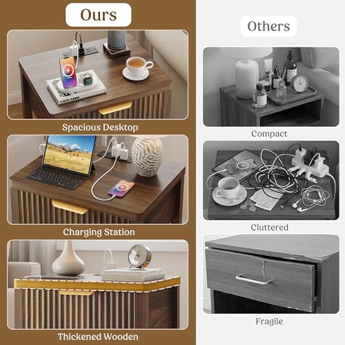 Lulive Fluted Modern Night Stand, Nightstand with Charging Station, Wood Modern Bedside End Table with Storage Drawer for Bedroom, Save Space (Set of 1, Walnut) - color: Walnut, size: 1 Drawer-Set of 1 Nightstand