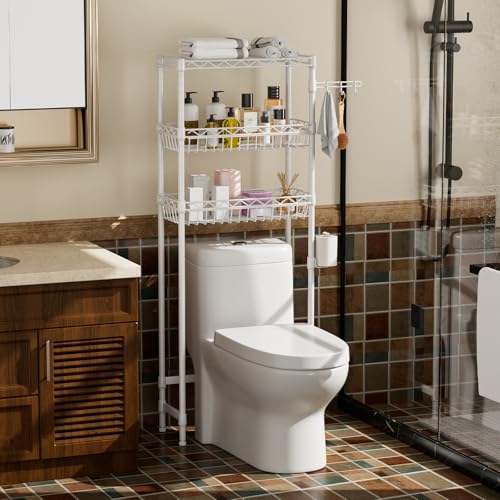 Golpart 3-Tier Over-The-Toilet Storage Shelf,Heavy-Duty Adjustable Bathroom Rack with 2 Mesh Baskets,Toilet Paper Holder & Hooks,Space-Saving Organizer for Bathroom,10”D x 24”W x 66”H,White - size: White with Baskets-10"D x 24"W x 66"H