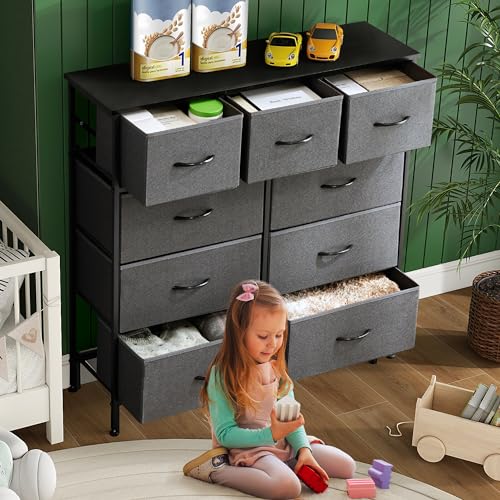 Dresser for Bedroom, 9 Storage Drawers, Anti-Tip Tall Fabric Closet Chests Organizer Tower Furniture with Wooden Top Metal Frame for Clothes, Living Room, Hallway, Entryway - color: Grey, size: 11.8"D x 39.4"W x 40"H (9 Drawers)
