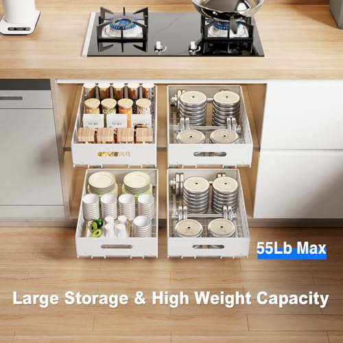 MUSTORN 2 Pack Pull Out Cabinet Organizer, Slide Out Cabinet Drawers Peel and Stick Pull Out Drawers Heavy Duty Pull Out Shelf for Kitchen, Cupboard, Pantry, Bathroom (16.5" D*11.8" W*3.94" H-White) - color: White, size: 16.5"D*11.8"W*3.94"H