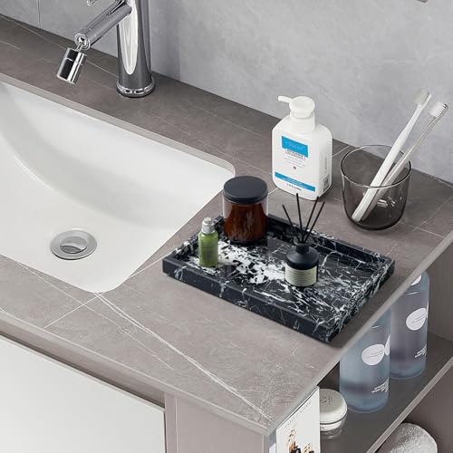 Real Natural Marble Tray for Bathroom, Vanity, Kitchen and Desktop, Rectangle Genuine Marble Stone Tray for Jewelry, Cosmetics, Candles, Lotion, Perfume and Home Decor (Black) - color: Black, size: 12" x 8" x 1.2"