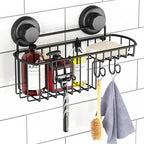 HASKO Shower Caddy Suction Cup, Shower Shelf with Soap Dish and Hooks Organizer, Suction Bathroom Shelf for Storage, Wall Mounted Basket, Black - color: Black (1 Pack)