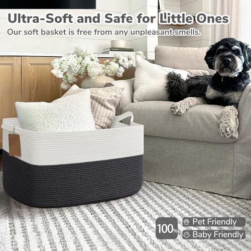 Goodpick Woven Storage Baskets for Organizing 22”x17”x12” Large Blanket Basket for Living Room Bedroom, Rectangle Toy Baskets Storage Kids with Handles, Dark Gray - color: Dark Gray, size: 22"L x 17"W x 12"H