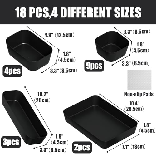 Plastic Drawer Organizers, 18 PCS Drawer Organizer Bins, Bathroom and Vanity Organizer Plastic Tray, Makeup organizer and storage for Makeup, Bedroom, Kitchen Gadgets Utensils and Office (Black) - color: Black, size: 18pcs