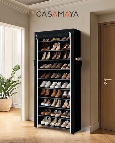 CASAMAYA Shoe Rack with Covers, 10 Tiers Tall Shoe Rack Organizer, Large Capacity Shoe Shelf Storage, Hold 30 Pairs of Shoes, Vertical Shoe Storage Organizer for Closet, Entryway, Black, SRT103B01 - size: 24.8"W - 10 Tier