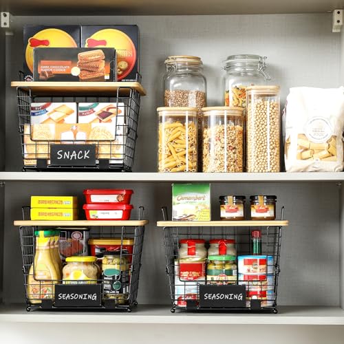 2 Set Large Stackable Wire Basket with Bamboo Tops & Tag- Pantry Organizer and Storage Bins, Kitchen Counter Cabinet Shelf Countertop Under Sink Organizing for Food Snack Produce Onion Potato Bread - size: L