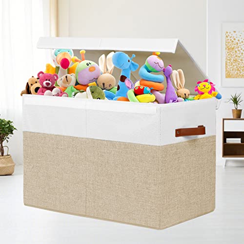Gowee Large Toy Storage Box with Lid, Sturdy Toys Storage Chest Bin Organizer Basket with Dividers for Kids, Boys, Girls, Nursery, Closet, Bedroom, Playroom 25"x13" x16" (Beige and White) - color: Beige and White, size: 25"x13" x16"