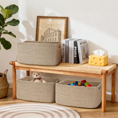 4 Pack Large Storage Basket for Organizing, 17.5"x13"x7" Woven Basket for Shelves, Closet Cube Storage Bins with Wrapped Handle, Cotton Rope Baskets for Kitchen, Clothes, Toys(Natural)) - color: Natural, size: 4 Pack