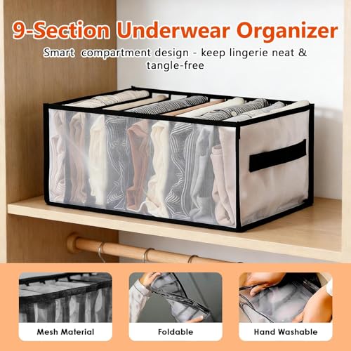 9 Grid Drawer Organizer Clothes Storage Box with Handle Large Capacity Fabric Dresser Organizer for Jeans Shirts Closet Use - color: 9 Grid Black
