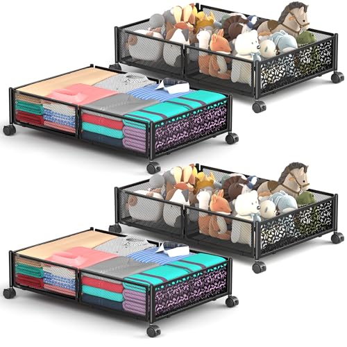 Under Bed Storage With Wheels, 4 Pack Foldable Pattern Carved Metal Under Bed Storage Containers, 60L Rolling Underbed Storage, Easy Assembly Under The Bed Storage for Shoes, Clothes, Blankets... - color: Black, size: 4 Pack