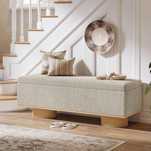 Tribesigns 50.39" Storage Bench with Padded Seat Cushion, Upholstered Shoe Bench with Flip Up Storage for Bedroom, Living Room, Entryway, Load up to 330 lb, Beige + Wood Color