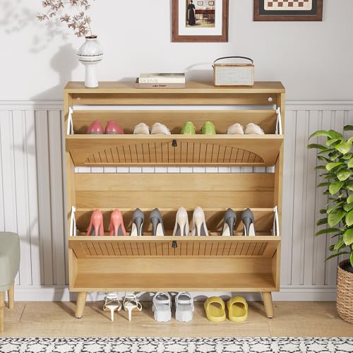 Fsbecl Shoe Storage Cabinet for Entryway with 2 Flip Drawers, Narrow Wood Shoe Cabinet with Fluted Panel, Freestanding Hidden Shoe Organizer for Foyer, Hallway (Wood Color - No Shelf) - color: Wood Color - No Shelf