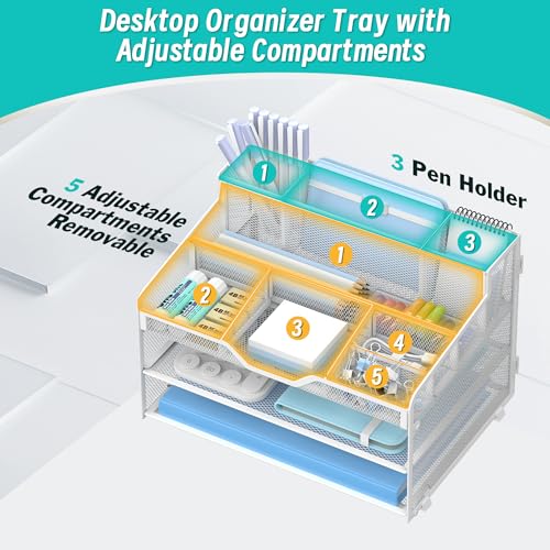 3 Tier Mesh Desk Organizer,Multi Functional Letter Paper Tray with 3 Pen Holders and 5 Adjustable Storage Compartments for Office Supplies Files and Mail Space Saving Desktop Organizer-White - color: 3 Tier-white