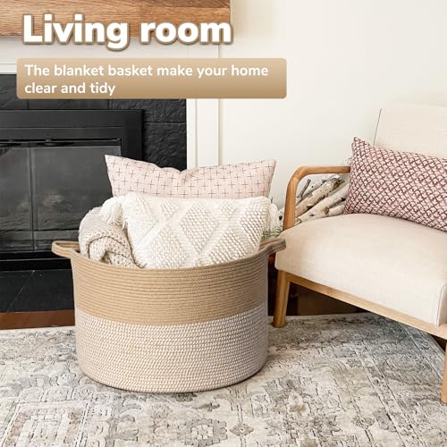 Goodpick Large Woven Storage Basket 21.7x13.8 Inch, White & Jute Laundry Hamper with Handles for Clothes, Blankets, Pillows, Blanket Basket for Living Room, Bedroom - color: White & Jute, size: 21.7x21.7x13.8 Inch (Pack of 1)
