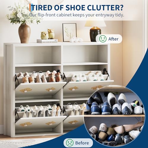 GarveeHome Shoe Cabinet with 4 Flip Drawers, Narrow Wood Shoe Organizer Cabinet with Floral Pattern, Freestanding Slim Shoe Rack Cabinet with Adjustable Shelves & Open Storage, for Entryway, White - color: Antique White, size: 4-Drawers