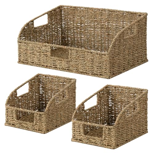 StorageWorks Seagrass Pantry Storage Baskets, Wicker Baskets with Built-in Handles, Handwoven Shelf Baskets for Organizing, Pantry Organizers and Storage, 3 Pack - color: Natural(Seagrass), size: 17"L x 11"W x 7½"H + 2x 7½"L x 9½"W x 6¾"H