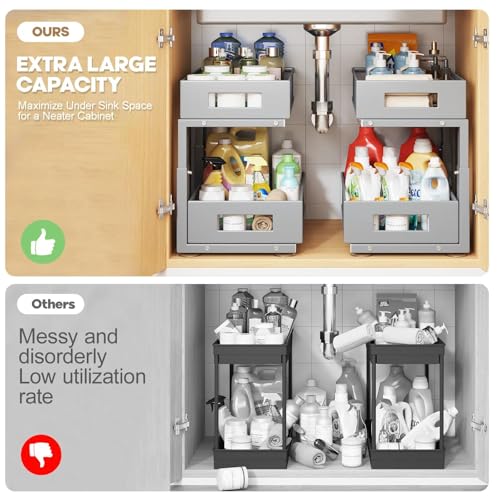 1 Pack 17IN Depth Under Sink Organizer, 2-Tier Pull Out Cabinet Organizer With Smooth Circular Rail, Large Capacity Metal Mesh Sliding Drawers For Bathroom& Kitchen Storage,Height Adjustable-Gun Gray - color: Gun Gray, size: 1 Pack-17"Dx11.6"-16.7" H