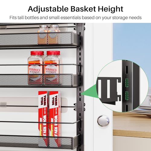 SNTD 8 Tiers Over the Door Organizer - Height Adjustable Pantry Organizers and Storage with Dense Mesh Baskets, Anti-Swing Hanging Door Spice Rack for Kitchen Bathroom (Black, 17" W x 6" D x 69" H) - color: Black, size: 17"W x 6"D x 69"H