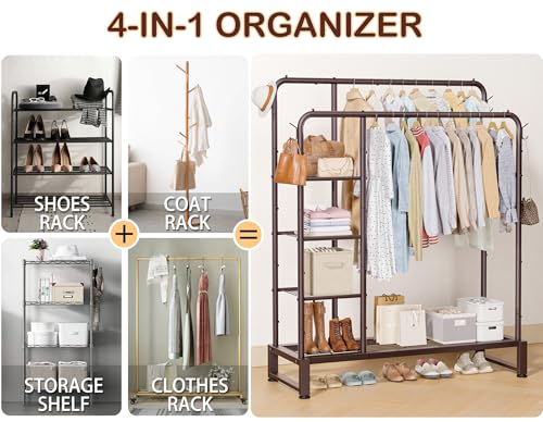 Double Rods Clothes Rack Clothing Rack with 4 Tier Storage Shelves Clothes Rack for Hanging Clothes Multifunctional Heavy Duty Clothes Organizer with Hooks for Bedroom,Wardrobe Closet,Shop,Brown - color: Brown