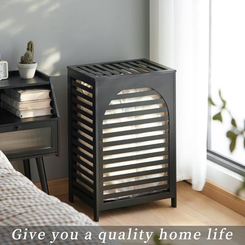 Laundry Hamper with Lid,Bamboo Large Waterproof Clothes Laundry Basket,Removable Washing Bags with Handles,clothes basket (Black) - color: Black