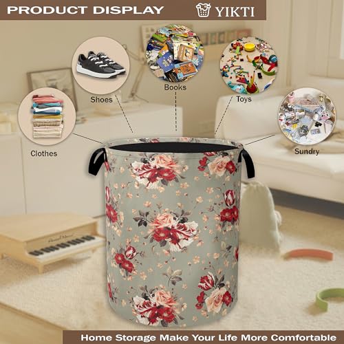 Red Rose Flowers Laundry Hamper,Vintage Floral Clothes Hamper for Laundry,Waterproof Oxford Toy Storage Collapsible Hampers for Bedroom, Dorm Room,Bathroom,16x20 Inch - color: Red Rose Flowers