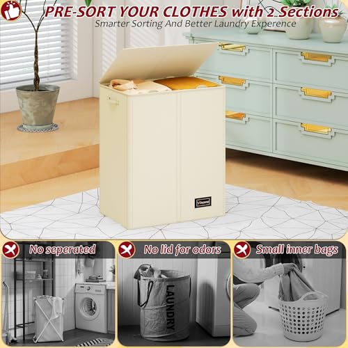 150L Laundry Hamper 2 Section, Large Laundry Hamper with Lid, Dirty Clothes Hamper with 2 Removable Inner Bags, Collapsible Laundry Basket Organizer for for Clothes Toys Towels, Hamper 2 Compartment - color: Beige, size: 150L