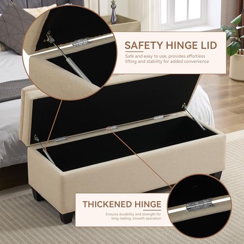 WUTUTUEE 51" Fabric Storage Ottoman Bench, Upholstered Rectangle End of Bed Storage Ottoman Tufted Living Room Bedroom Bench with Safety Hinge, Solid Wood Legs, Loads 500 lb(Khaki) - color: Khaki-fabric