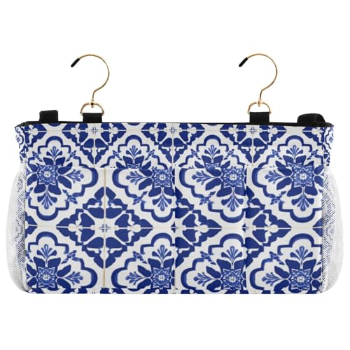 Bedside Caddy Hanging Bunk Bed Caddy Bed Organizer Hanging Pocket with 2 Hooks Bedside Storage Organizer Pocket Bag Holder Floral Blue and White Geometric - color: Floral Blue and White Geometric